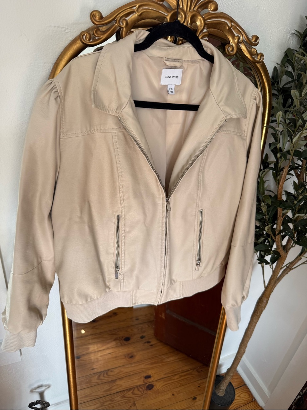Nine West Cream Lightweight Zip-Front Leather Bomber Jacket